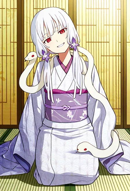 Smooth Quality - Illustrious, sfw,
anime, illustration, nadeko, red eyes,long hair,white hair,snake hair,albino,
<lora:NSFWFilter_illusXL_Incrs_v1:-1>
<lora:Snake_on_Shoulders:0.8> sn4k3, snake on shoulders, large snake, white snake,
1girl, solo,
japanese clothes, white kimono, furisode, floral print,
looking at viewer, head tilt, beautiful smile, grin,
golden folding screen, zabuton, tatami,