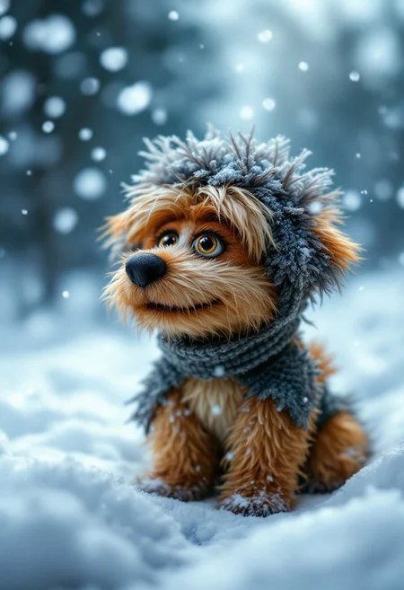 unusual pet in muppet style, winter, snow, ice, snowflakes, dreamy night, professional photo, intricate details, professional photoshoot, vivid colors, hyper-detailed, ultra-sharp