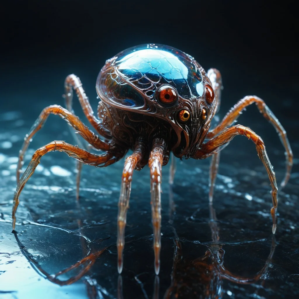 bioengineered spider creature, many legs, spindly legs, lots of eyes, (transparency:1.4), (detailed cybernetic implants fused with organic matter), full body, (with intensely vibrant swirling colors:1.3), realistic photo, artialien