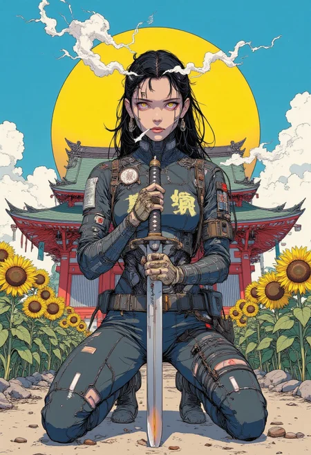 scifi, fantasy, masterpiece, best quality, great composition, Japanese Culture Style, Neo Photorealistic Art, Emotional Photos, 35mm film, Young Japanese Woman fighting for Ukraine, wearing a skintight black ninja bodysuit, A Japanese sword is stuck into the ground, smoking, Japanese shrine background with a centered yellow circle on blue background, yellow sphere in the background, sunflowers