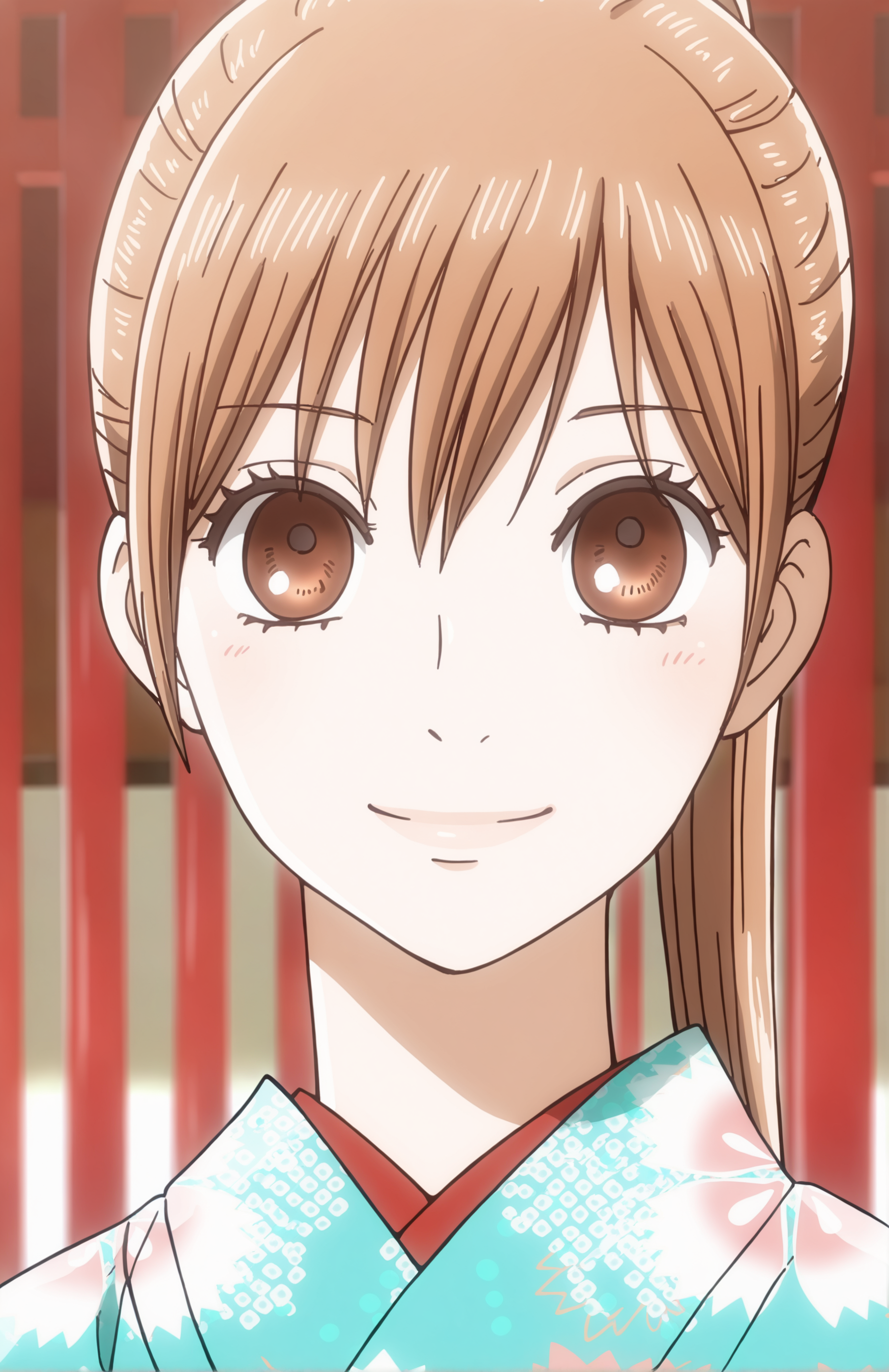 AyaseChihaya, 1girl, long hair, brown hair, brown eyes, ponytail, japanese clothes, turquoise kimono, floral print, hakama skirt, red hakama, standing, smile, looking at viewer, front view, portrait, face focus,
