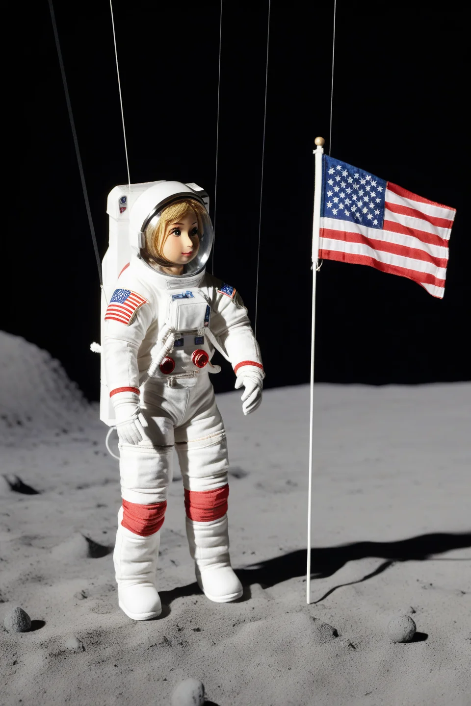 female astronaut on the moon, marionette, strings, american flag in the ground <lora:marionette_lora_v2:0.8>