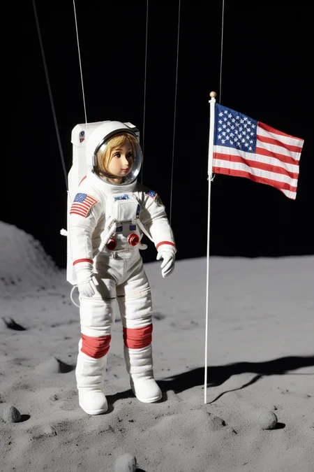 female astronaut on the moon, marionette, strings, american flag in the ground <lora:marionette_lora_v2:0.8>
