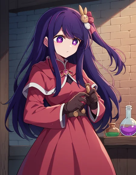 score_9, score_8_up, score_7_up, source_anime, <lora:ai-hoshino-s1-ponyxl-lora-nochekaiser:1>, ai hoshino, long hair, bangs, purple eyes, purple hair, symbol-shaped pupils, one side up, hair ornament, hair ribbon, medium breasts,, <lora:wizard-ponyxl-lora-nochekaiser:1>, wizard, wizard hat, robe, dress, long sleeves, gloves,, indoors, bricks, potion, flask, vial,, cowboy shot,
