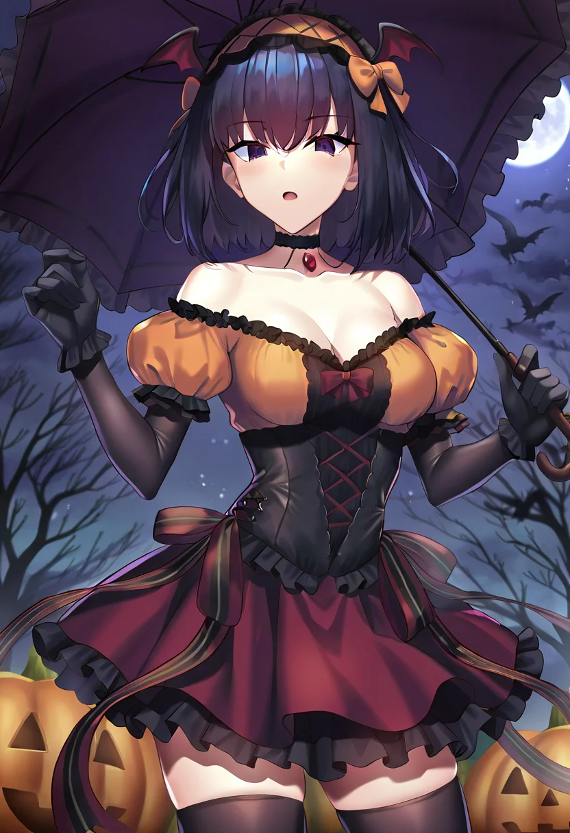 1girl, solo, kuonji, questionable, black choker, black gloves, black thighhighs, cleavage, collarbone, corset, cowboy shot, frilled skirt, frills, full moon, gem, halloween costume, hands up, holding umbrella, miniskirt, night, open mouth, orange bow, outdoors, pumpkin, red bow, red skirt, starry background, winged hairband,
masterpiece, best quality, 8k, absurdres, very aesthetic,
<lora:Kuonji_ailce:0.9>