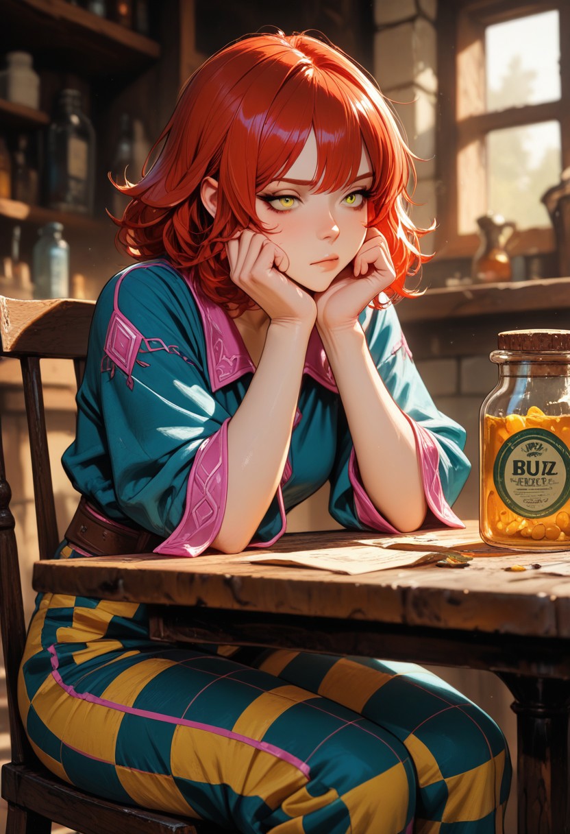 highres, very detailed, amazing quality, masterpiece,
very aesthetic, 
particle effect,
pickle jar in foreground on table, jar in foreground, (focus on jar,) (blurred background), depth of field, (text on jar, Buzz, "Buzz")
BREAK, background:
1girl, beautiful eyes, bard, rosy skin, strong face, solo, lavish clothes, blue jacket with pink trim, green yellow checkered pants, short red hair, small breasts, curvy,  
fantasy theme, inn theme,
sitting at table, bored, head on hands, 
bored, tired
lively inn,