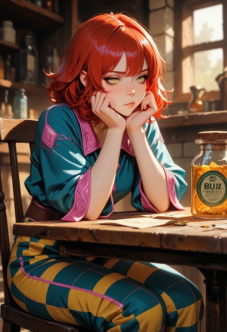 highres, very detailed, amazing quality, masterpiece,
very aesthetic,
particle effect,
pickle jar in foreground on table, jar in foreground, (focus on jar,) (blurred background), depth of field, (text on jar, Buzz, "Buzz")
BREAK, background:
1girl, beautiful eyes, bard, rosy skin, strong face, solo, lavish clothes, blue jacket with pink trim, green yellow checkered pants, short red hair, small breasts, curvy,
fantasy theme, inn theme,
sitting at table, bored, head on hands,
bored, tired
lively inn,