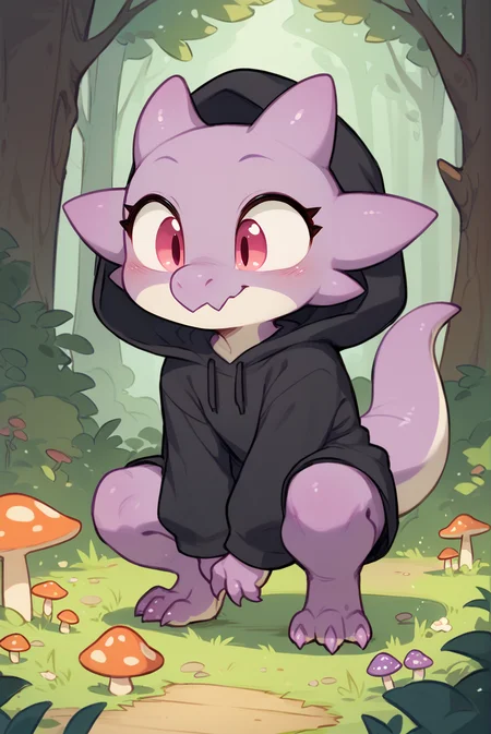 score_9, score_8_up, score_7_up, cute chibi kobold, scalie, wearing black hooded robes, purple body, white belly, pink eyes, toony, countershading, forest, crouching, looking at mushrooms on ground, <lora:rubi_style:1>