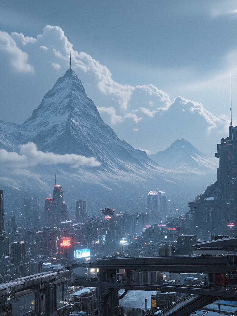 <lora:Space_Worlds_01__Poetic_flux2:1>  sw01p_flux, driving on the highway over a cyberpunk city in snow mountains,