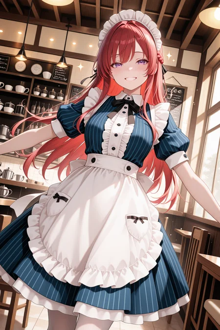 lazypos, 1girl, solo, purple eyes, red hair, long hair, braid, maid headdress, black ribbon, striped dress, blue dress, center frills, puffy short sleeves, white apron, pantyhose, spread arms, grin, looking at viewer, happy, sparkle, indoors, cafe, dutch angle, wide shot, Ouka Makuzawa <lora:detail_slider_v1_000000450:5> <lora:TrendCraft_The_Peoples_Style_Detailer-v1.0A-3_13_2025-illustrious:0.2>
