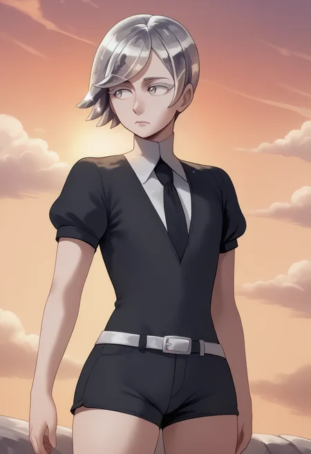 score_7_up, score_6_up, <break> solo, 1other, hskgst, white skin, expressionless, looking away, standing, crystal hair, short hair, swept bangs, grey hair, grey eyes, colored eyelashes, black shirt, puffy short sleeves, collared shirt, black necktie, black shorts, white belt, sunset, cloud, outdoors
<segment:yolo-face_yolov8m.pt,0.4,0.5//cid=1>