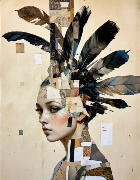 A digital illustration shoot from a profile camera angle about a striking portrait of a woman with a unique, abstract design. the image features a woman in the middle of the frame, with her face facing the viewer. she appears to be a young adult, with fair skin and long, dark eyelashes. her hair is styled in a mohawk-like fashion, with black feathers framing her face. her eyes are accentuated with dramatic black eyeliner, and her lips are painted with dark lipstick. the background is a beige, textured surface with various pieces of paper and abstract shapes scattered throughout, creating a collage-like effect. the woman's face is the focal point of the image, with the abstract shapes and textures blending together to create a sense of depth and dimension. the overall effect is a striking and captivating piece of art that is both visually striking and eye-catching. <lora:Tom_Nulens:0.8045440673828125> <lora:Steve_McDonald:0.75> <lora:Fluxartis_Photography:0.6>