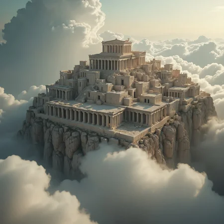 the most realistic, photorealistic photo ever taken [(an ancient greek mythological city:1.5) in the clouds,a dream world shifting landscapes,  Captured with a Hasselblad X2D 100C and an 80mm f/1.9 lens, hyper-realistic textures, soft studio lighting, elegant shadows, incredible realism,  ultra-detailed textures, perfect lighting],