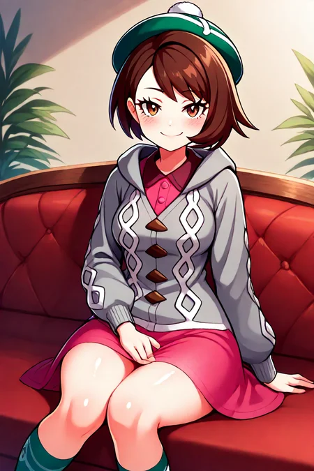 masterpiece, best quality, 32k, high resolution, absurdres, medium breasts, (curvy), cute, eyelashes, vivid colors, BREAK, ,,, , ,,, zzGloria, brown hair, brown eyes, green hat, grey cardigan, hooded cardigan, cable knit, pink dress, green socks, long sleeves, collared dress, <lora:GloriaPokemonIXL:1.0>, ,,,, ,,, hand on lap, blush, smug, ,,, smile, looking at viewer, blush, blurry, couch, sitting, shiny skin, <lora:CatalystIXL:0.8>,