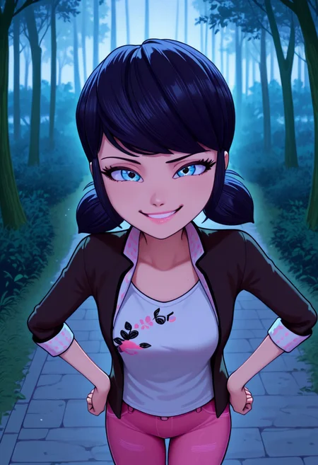 bright colors, detailed background,, volumetric light, vivid colours, standing,
looking at viewer, outdoors, overcast, dark, forest, vines, ponypositive, solo, solo focus, open hands on hip, single eyebrow lifted, smirk,
Marinette Dupain-Cheng, shoulder-length black hair with blue reflections tied back in pigtails, light pink lips, fair skin, bright bluebell eyes, unbuttoned jacket, white T-shirt, pink jeans,
Smooth Quality,
best quality, hyper detailed, ambient stylish expressive lighting, absolutely eye-catching masterpiece, body extremely close-up view, (facing viewer), forward, face extremely close-up shot, chest focus, selfie,