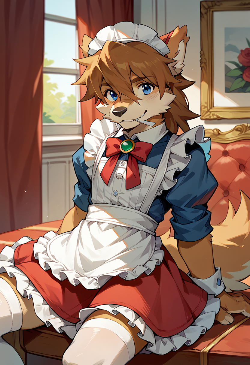 score_9, score_8_up, score_7_up, high res, best quality, red_savarin_solatorobo, furry, solo, 1boy, blue eyes, brown hair, stockings, cute dress, maid headwear, <lora:Red_Savarin_Solatorobo:1>