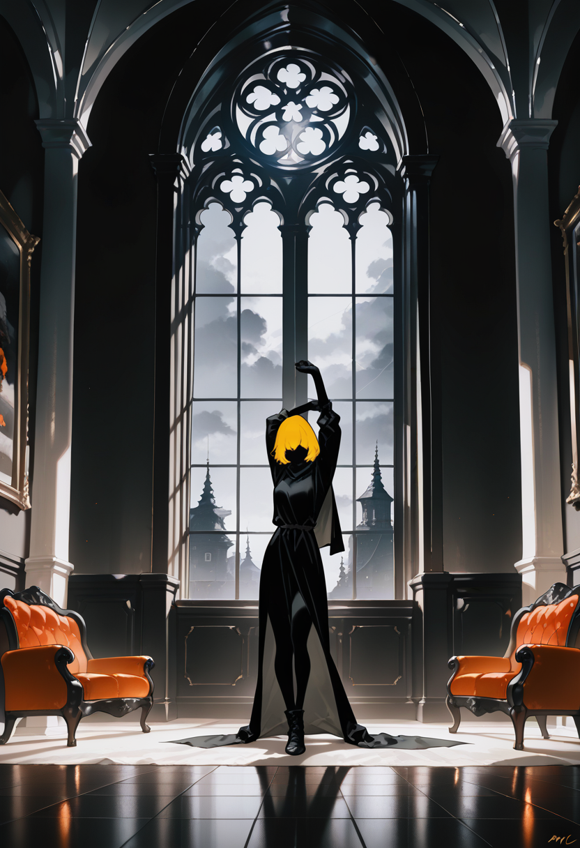 1girl,   yellow hair, medium hair,   hair over eyes, ahoge,   completely black skin,   
BREAK   1girl, 1girl, yoga, yoga pose, stretching,      
BREAK              black armor, cape and robes,  sofa, gothic interior, large window, smokey room, foggy, (fantasy, medieval, ancient),    
BREAK safe, ((momomo \(m0 3\):1.05), (21yc (september breeze):1.1), (qiandaiyiyu:0.65), (mame1645:0.95), (dantes ward:0.5), (sonson \(eleven\):0.7)), (dark theme, high contrast), masterpiece, best quality, very aesthetic, absurdres, highres, scenery, newest, <lora:ponyv5_noobE11_1_adamW:0.5>, <lora:UNSTABLE_v0.7-000009:0.4>