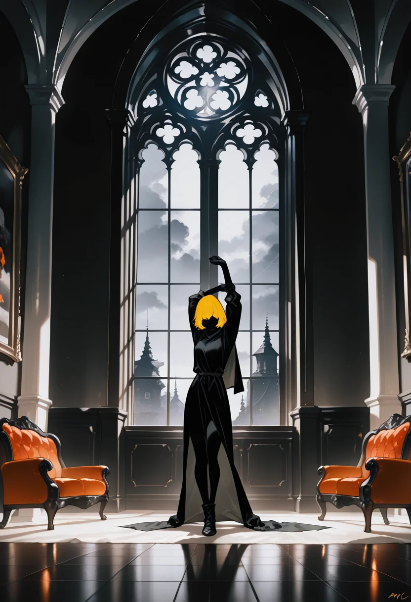 1girl,   yellow hair, medium hair,   hair over eyes, ahoge,   completely black skin,   
BREAK   1girl, 1girl, yoga, yoga pose, stretching,      
BREAK              black armor, cape and robes,  sofa, gothic interior, large window, smokey room, foggy, (fantasy, medieval, ancient),    
BREAK safe, ((momomo \(m0 3\):1.05), (21yc (september breeze):1.1), (qiandaiyiyu:0.65), (mame1645:0.95), (dantes ward:0.5), (sonson \(eleven\):0.7)), (dark theme, high contrast), masterpiece, best quality, very aesthetic, absurdres, highres, scenery, newest, <lora:ponyv5_noobE11_1_adamW:0.5>, <lora:UNSTABLE_v0.7-000009:0.4>