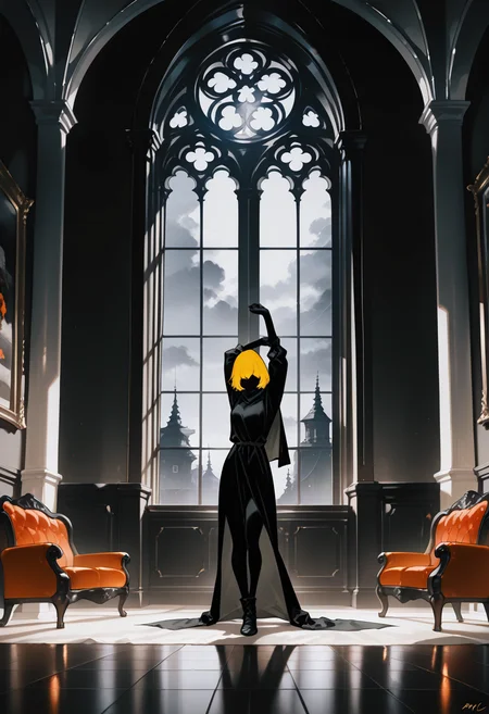 1girl,   yellow hair, medium hair,   hair over eyes, ahoge,   completely black skin,   
BREAK   1girl, 1girl, yoga, yoga pose, stretching,      
BREAK              black armor, cape and robes,  sofa, gothic interior, large window, smokey room, foggy, (fantasy, medieval, ancient),    
BREAK safe, ((momomo \(m0 3\):1.05), (21yc (september breeze):1.1), (qiandaiyiyu:0.65), (mame1645:0.95), (dantes ward:0.5), (sonson \(eleven\):0.7)), (dark theme, high contrast), masterpiece, best quality, very aesthetic, absurdres, highres, scenery, newest, <lora:ponyv5_noobE11_1_adamW:0.5>, <lora:UNSTABLE_v0.7-000009:0.4>