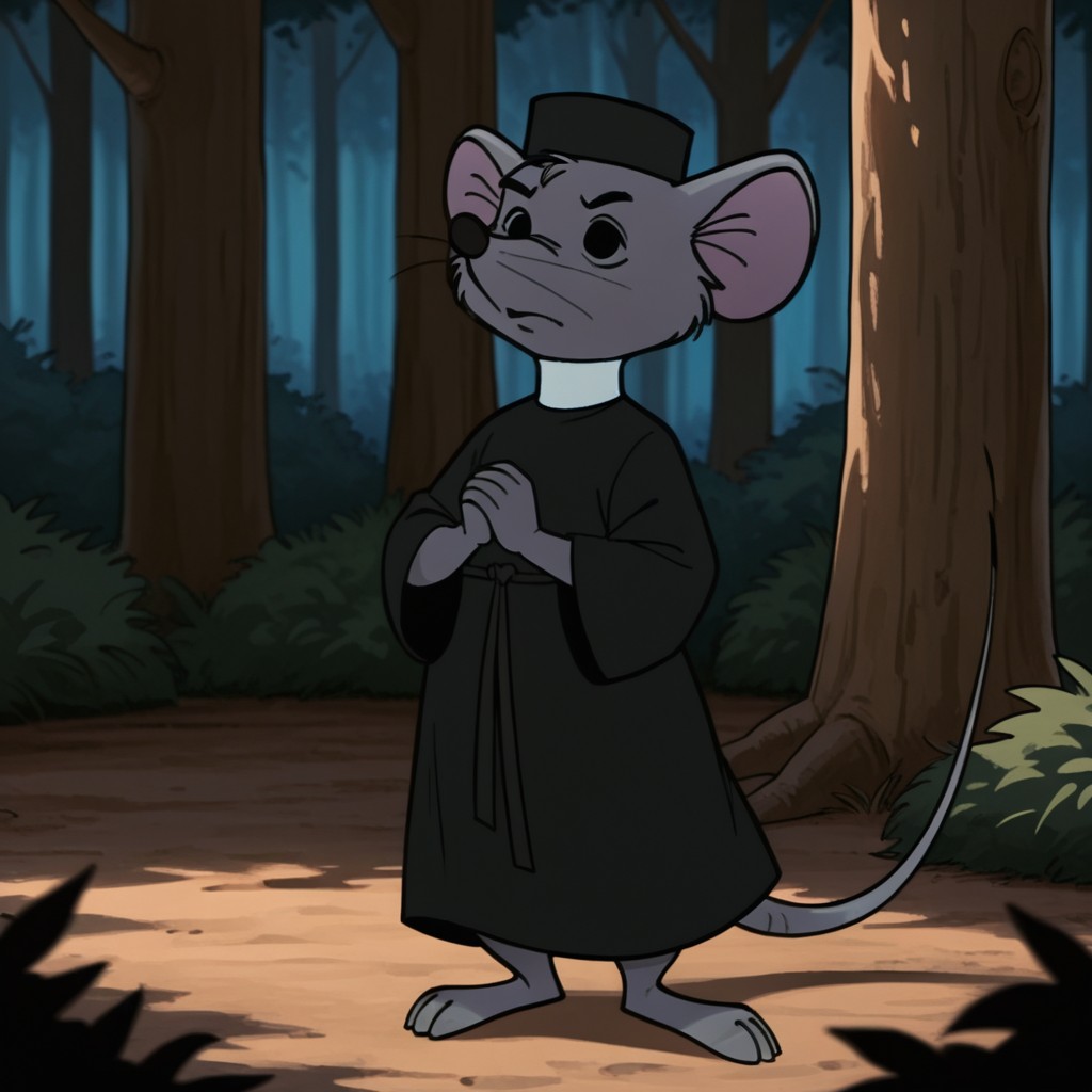masterpiece, best quality, amazing quality, sextonRHil, semi-anthro, male, mouse_boy, grey fur, black robe, white collar, black hat, mouse ears, mouse tail, own hands together, standing, in forest, black eyes, <lora:4000684b-969a-4a4a-a531-699137716691:1.0>