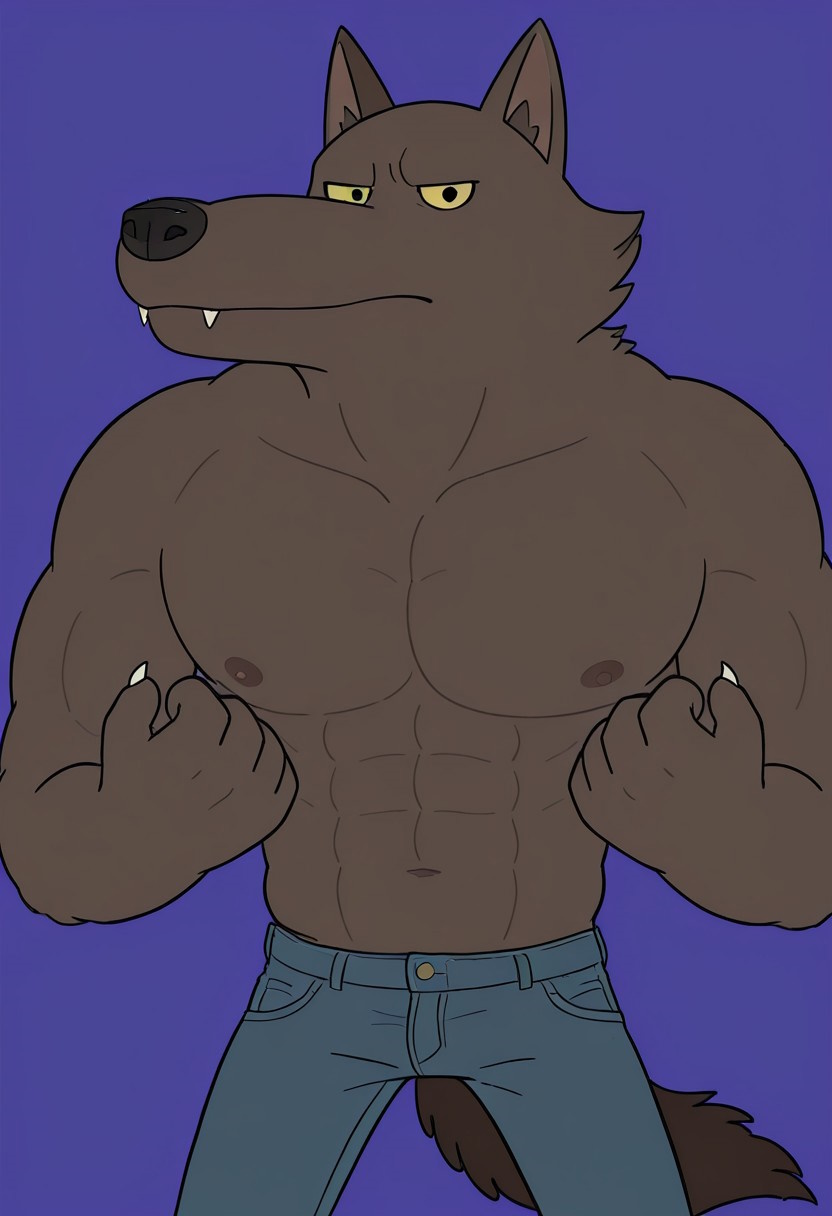 score_9_up, score_8_up, score_7_up, detailed, high quality, masterpiece, best quality, amazing quality, flat colors, cartoon, solo, male, anthro, w0lfman-bare-chest, werewolf, brown fur, yellow eyes, dark nose, fangs, muscles, abs, pecs, nipples, bare chest, skinny jeans, brown tail, half body, standing, looking at viewer, closed mouth, alert, two raised arms, purple background.