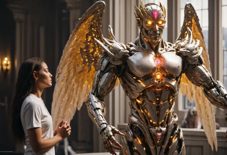 score_9, score_8_up, score_8, 
A stunning hyper realistic scene unfolds, highlighting the contrast between a celestial angel and a beautiful young woman. 2girls 
(The angel is a breathtaking fusion of divine elegance and advanced technology, part human and part machine.) Its serene, humanoid face glows softly, with luminous eyes framed by intricate golden circuitry that pulses with an otherworldly light. Sleek, mechanical wings spread wide, blending gleaming metallic feathers with radiant, translucent energy. Its body is a flawless harmony of organic curves and robotic precision, emanating a divine aura that feels both protective and commanding.
((The young woman stands nearby, her natural beauty and humanity providing a stark yet harmonious contrast)). Her soft, expressive face is lit with awe as she gazes at the angel, her wide eyes reflecting its radiant glow. Her hands are clasped to her chest, and her hair flows gently. She appears delicate yet grounded, a symbol of human vulnerability and wonder.
The interaction between them is charged with emotion, the angel embodying a fusion of divinity and technology, while the woman represents pure human innocence and reverence. Together, they create a poignant moment of connection, bridging the mortal and the transcendent
concept art, realistic, Fantastical realism, digital painting, realistic, detailed, fine detail, photorealistic, realistic, hyper-detailed,  professional photoshoot, Robotic