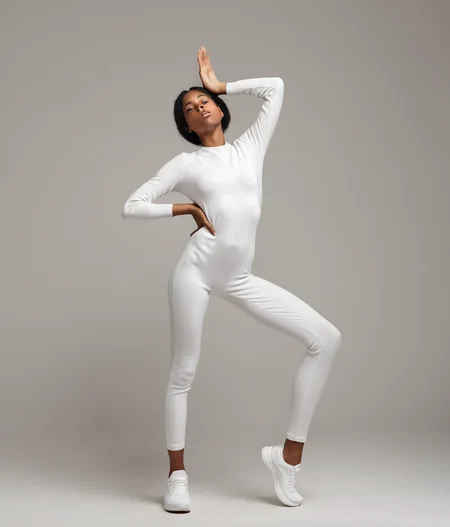 full length scandinavian black young woman in strange pose. best face, best hands, <lora:strange_poses:1.2>