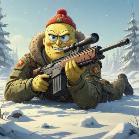 cartoon illustration of SpongeBob laying down in snow holding Sniper Rifle, Soviet Army uniform,fur Soviet hat, <lora:XL_Weapon_Sniper_Rifle_-_By_HailoKnight:0.7>,