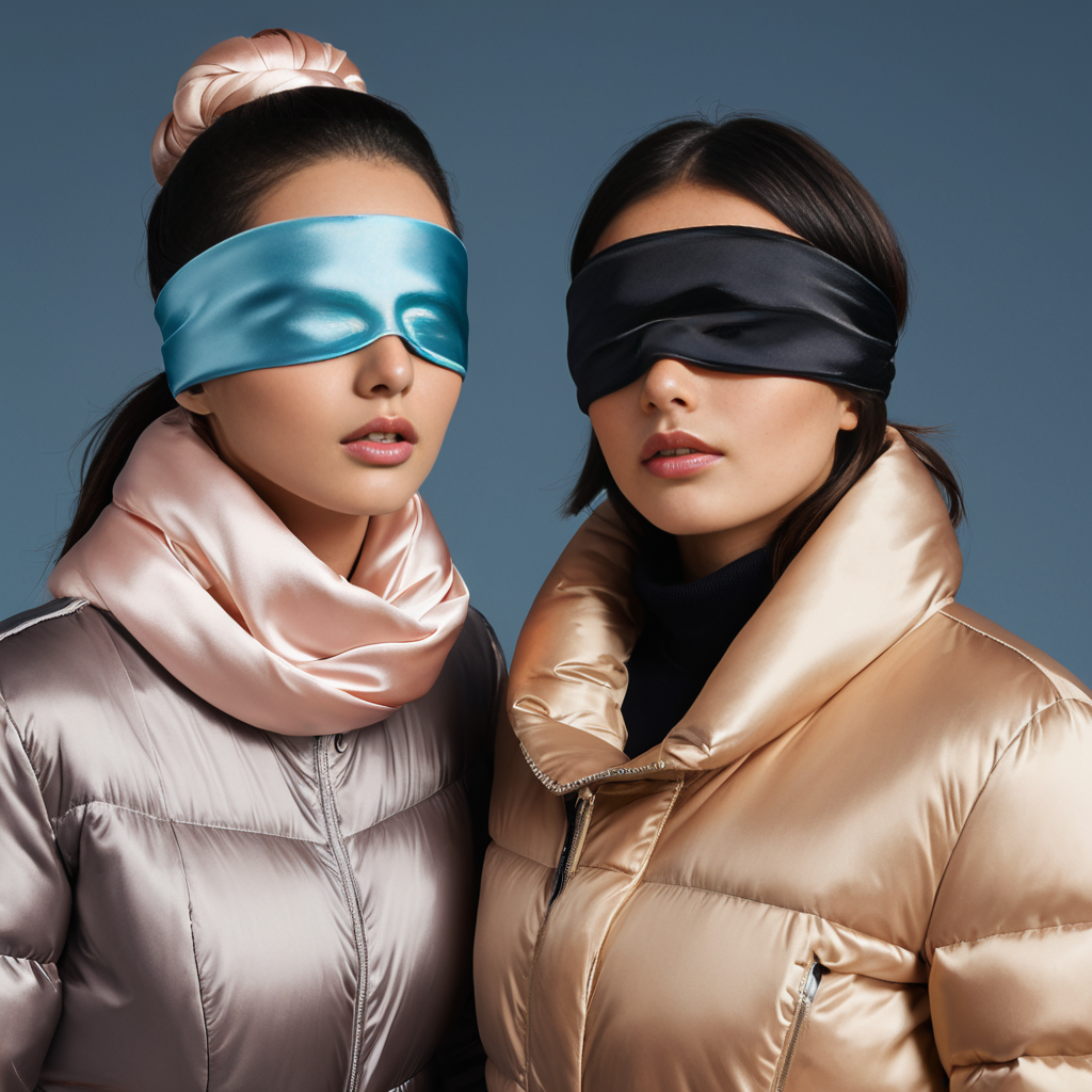 satin_scarf_blindfold, two women, puffer jackets
 <lora:satin_scarf_blindfold:0.3>