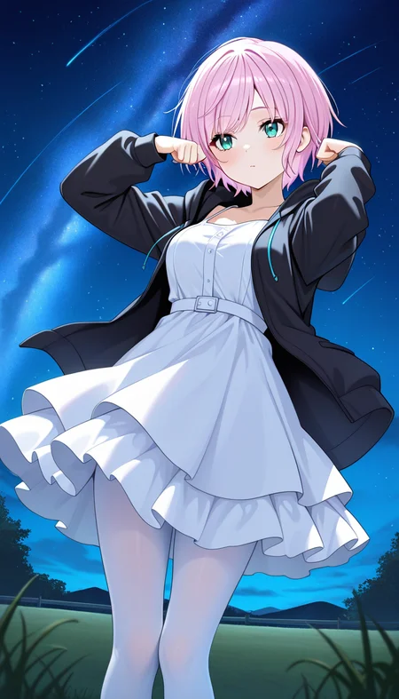 masterpiece, best quality, very aesthetic, absurdres,
solo, 1girl,
nijiriri, blue eyes, green eyes, pink hair, short hair,
sundress, layered skirt, hooded jacket, black jacket, white pantyhose,
night, cat pose, outside, stars in sky,