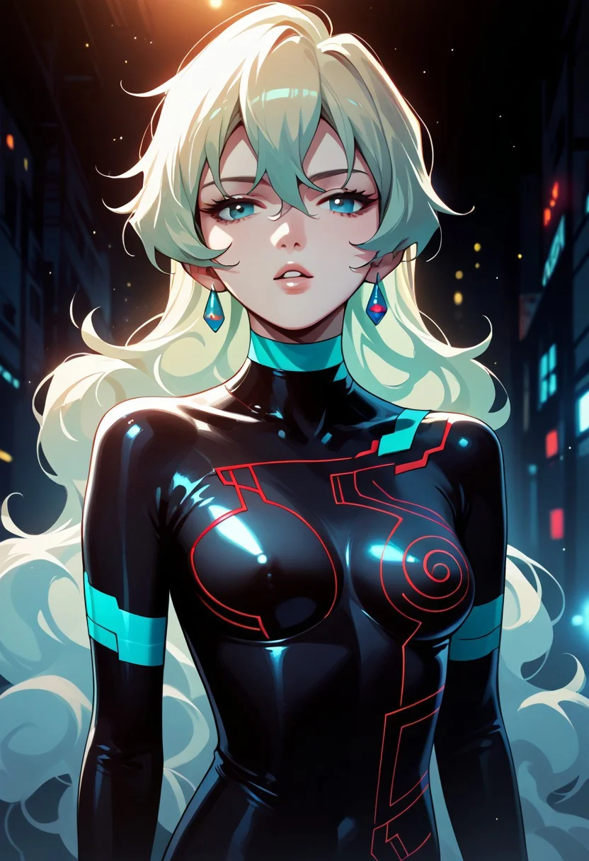 score_9,score_8_up,score_7_up,source_anime, Nia Teppelin (Antispiral),1girl,solo,breasts,looking at viewer,medium breasts,upper body,parted lips,bodysuit,skin tight,black bodysuit,neon trim,
