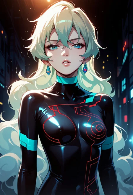 score_9,score_8_up,score_7_up,source_anime, Nia Teppelin (Antispiral),1girl,solo,breasts,looking at viewer,medium breasts,upper body,parted lips,bodysuit,skin tight,black bodysuit,neon trim,