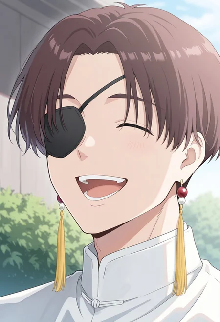 masterpiece,best quality,amazing quality, source_anime,
HayatoSuo, 1boy, male focus, solo, eyepatch, closed eyes, brown hair, jewelry, tassel earrings, school uniform, shirt, white shirt, mandarin collar, outdoor, smile, happy, portrait, open mouth,