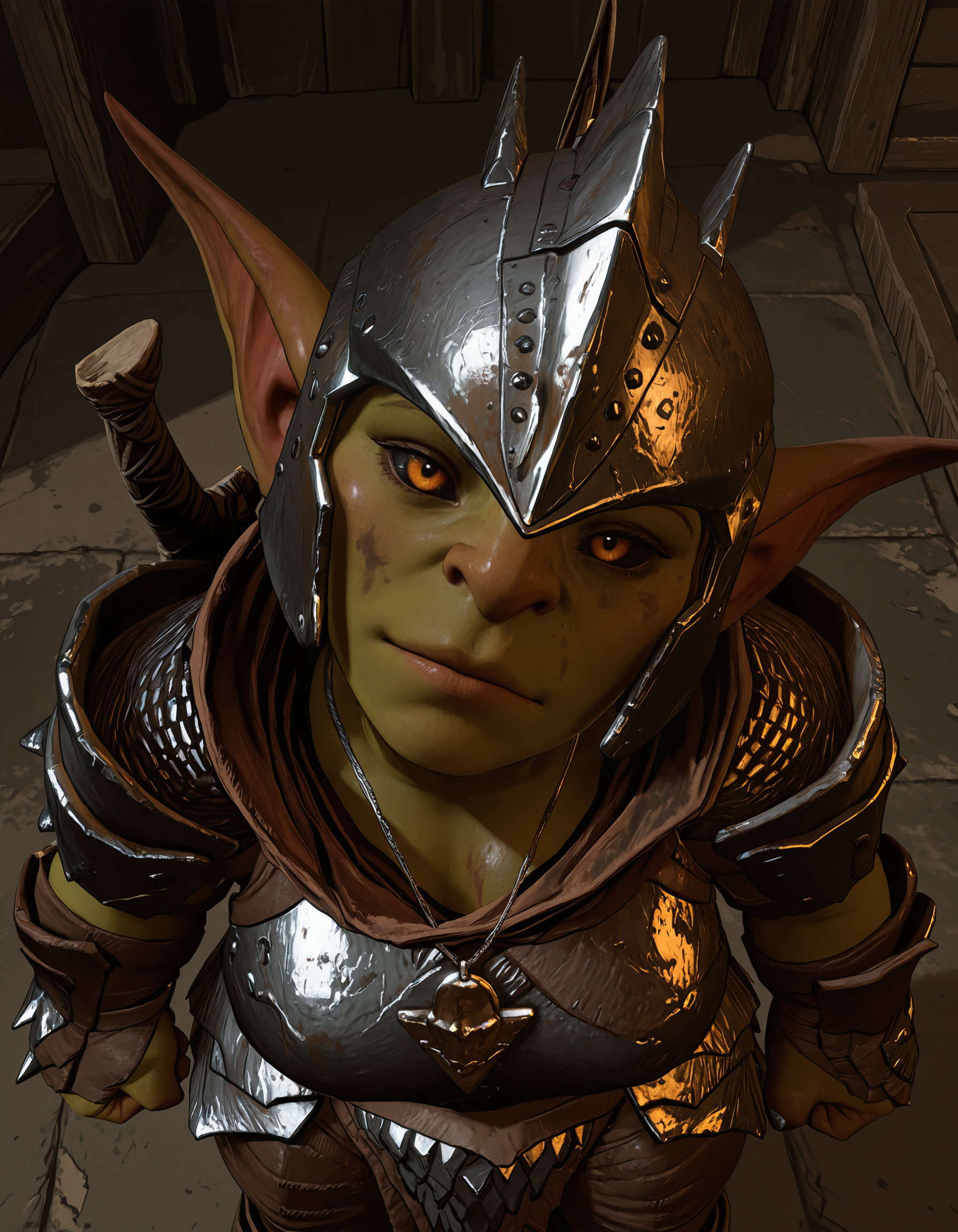 masterpiece, best quality, amazing quality, very aesthetic, absurdres, newest,volumetric lighting, <lora:BG3_GoblinStyleGTb:0.9>, bg3gobbostyle, indoors, shortstack,
1girl, female goblin, colored skin, green skin, pointy ears, helmet, armor, pauldrons, black sclera, orange eyes, dirty, looking at viewer, head tilt, dutch angle, weapon on back, clenched hand, from above, absolute pendant,