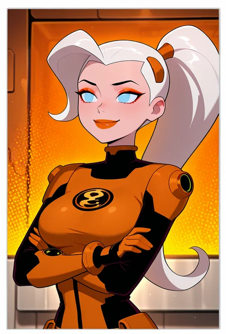 <lora:drewsat-10:1> drewsat, 1girl, long hair, white hair, ponytail, blue eyes, makeup, lipstick, orange bodysuit, eyeshadow, armor, smile, orange background, ((cartoon, screencap, )), upper body, crossed arms,, masterpiece, best quality, amazing quality, very aesthetic, absurdres, newest,, upper body, halftone effect, white borders, abstract background:1.2,