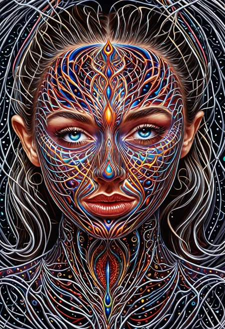 Abstract style <lora:Alex Grey OC-000005:1>,Alex Grey,1girl, . Non-representational, colors and shapes, expression of feelings, imaginative, highly detailed