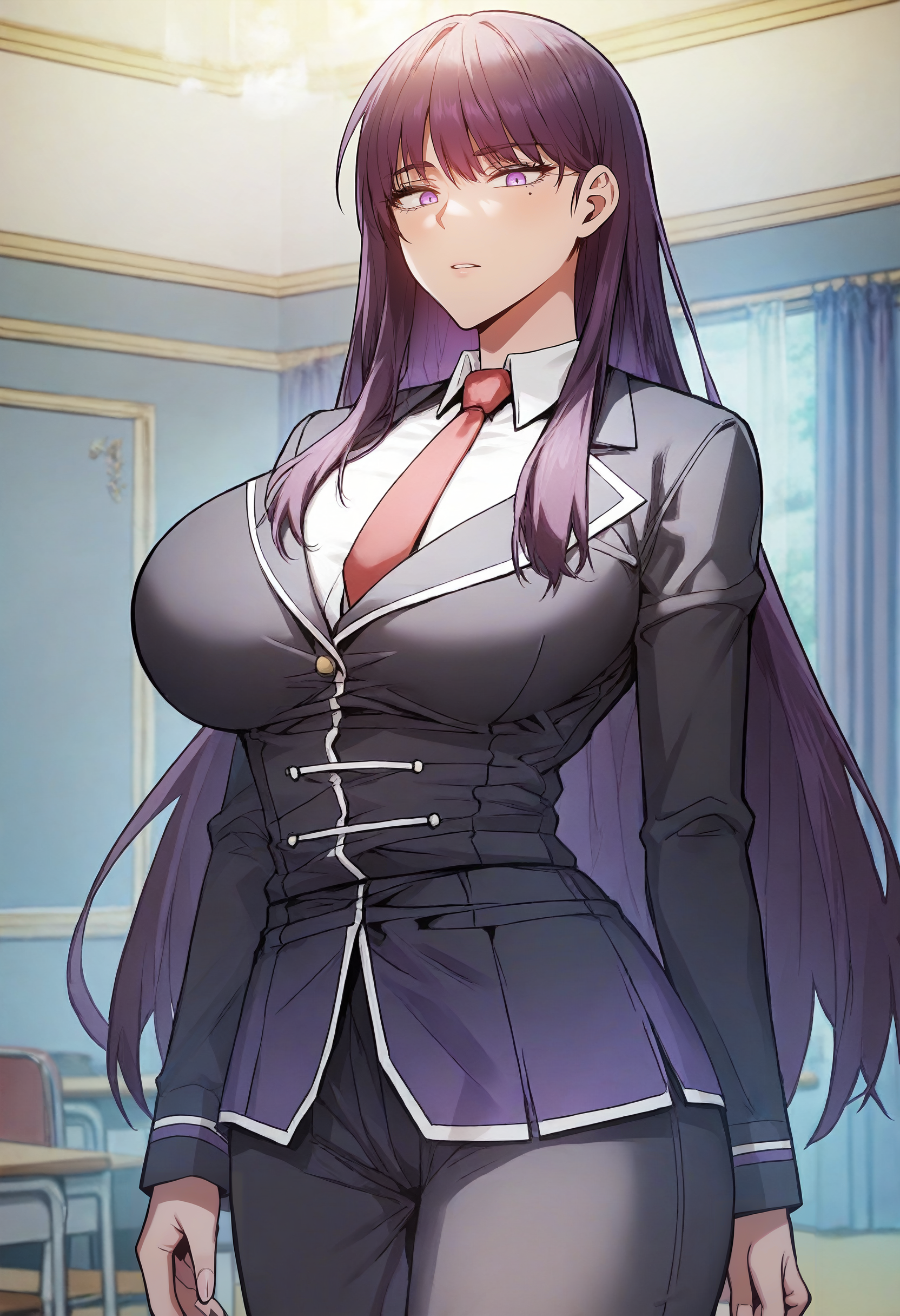 score_9, score_8_up, score_7_up, score_6_up, source_anime, rating_explicit, 1girl, (solo:1.1), huge breasts, <lora:Erzsebet Akalusia prefectPonyxl:0.9> long hair, (mole under eye:0.8), purple hair, black hair, purple eyes, school uniform, black jacket, red necktie, long sleeves, white shirt, collared shirt, black pants, indoors, looking at viewer, standing, close-up