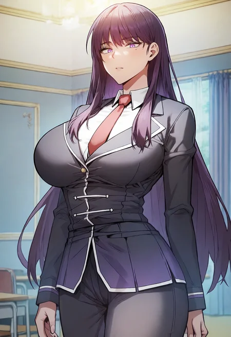 score_9, score_8_up, score_7_up, score_6_up, source_anime, rating_explicit, 1girl, (solo:1.1), huge breasts, <lora:Erzsebet Akalusia prefectPonyxl:0.9> long hair, (mole under eye:0.8), purple hair, black hair, purple eyes, school uniform, black jacket, red necktie, long sleeves, white shirt, collared shirt, black pants, indoors, looking at viewer, standing, close-up