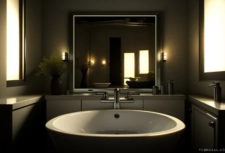 EnD_CyberFutureLandscape Style, futuristic bathroom, mirror, toilet, sink basin, specular highlights, side lighting, extreme light and shadow, cinematic lighting, natural lighting, score_9, score_8_up, score_7_up, score_6_up, score_5_up, score_4_up,