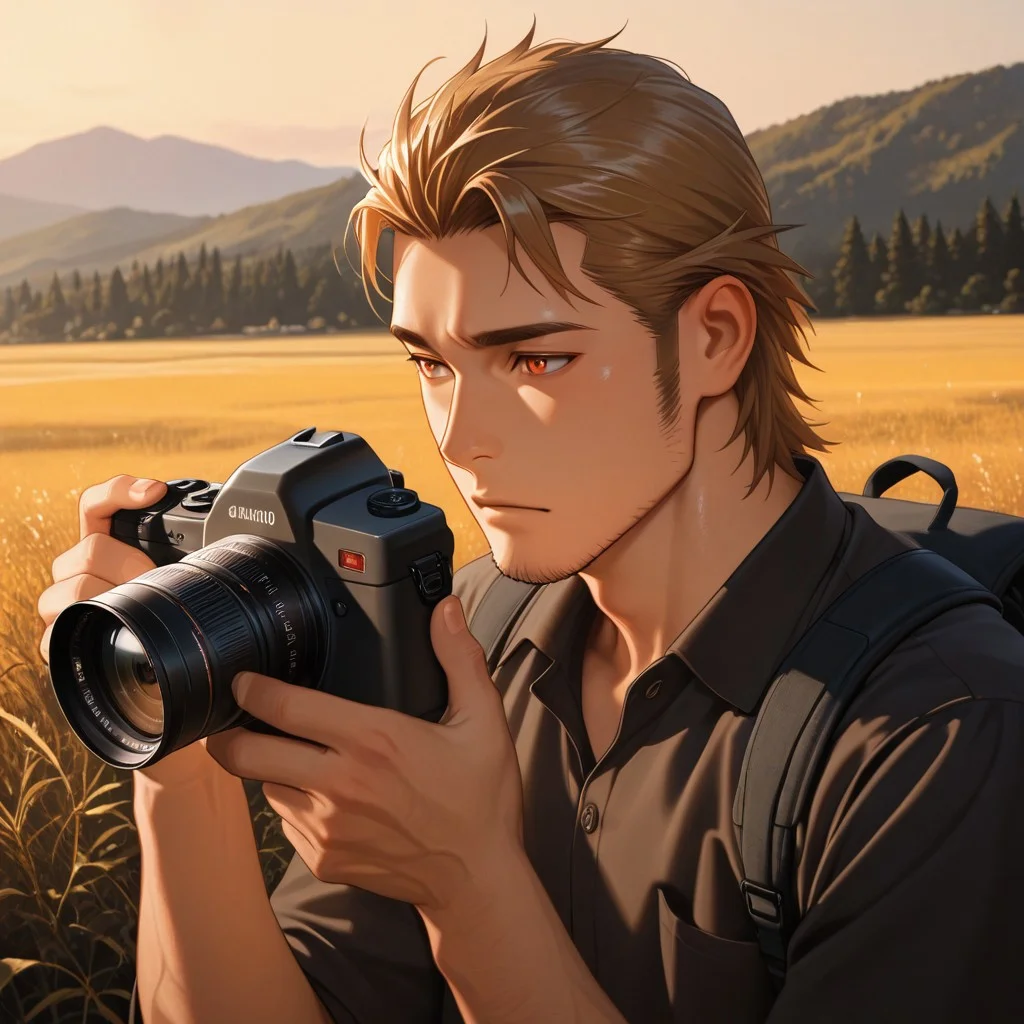 masterpiece, best quality, amazing quality, absurdres, newest, detailed background, definition so sharp, Ultra-HD, 8K cinematic, very awa, impressionate, amazing quality, highres,
solo, male focus, manly, shadow, shiny skin,
ekusoushizumu, ekusou_brunette, ekusou_orange eyes, 1boy, short hair, sideburns, stubble, photographer, camera, lens, artistic_composition, framing, golden_hour, landscape, nature_photography, focused_gaze, creative, aesthetic_vision, soft_focus, depth_of_field, backpack