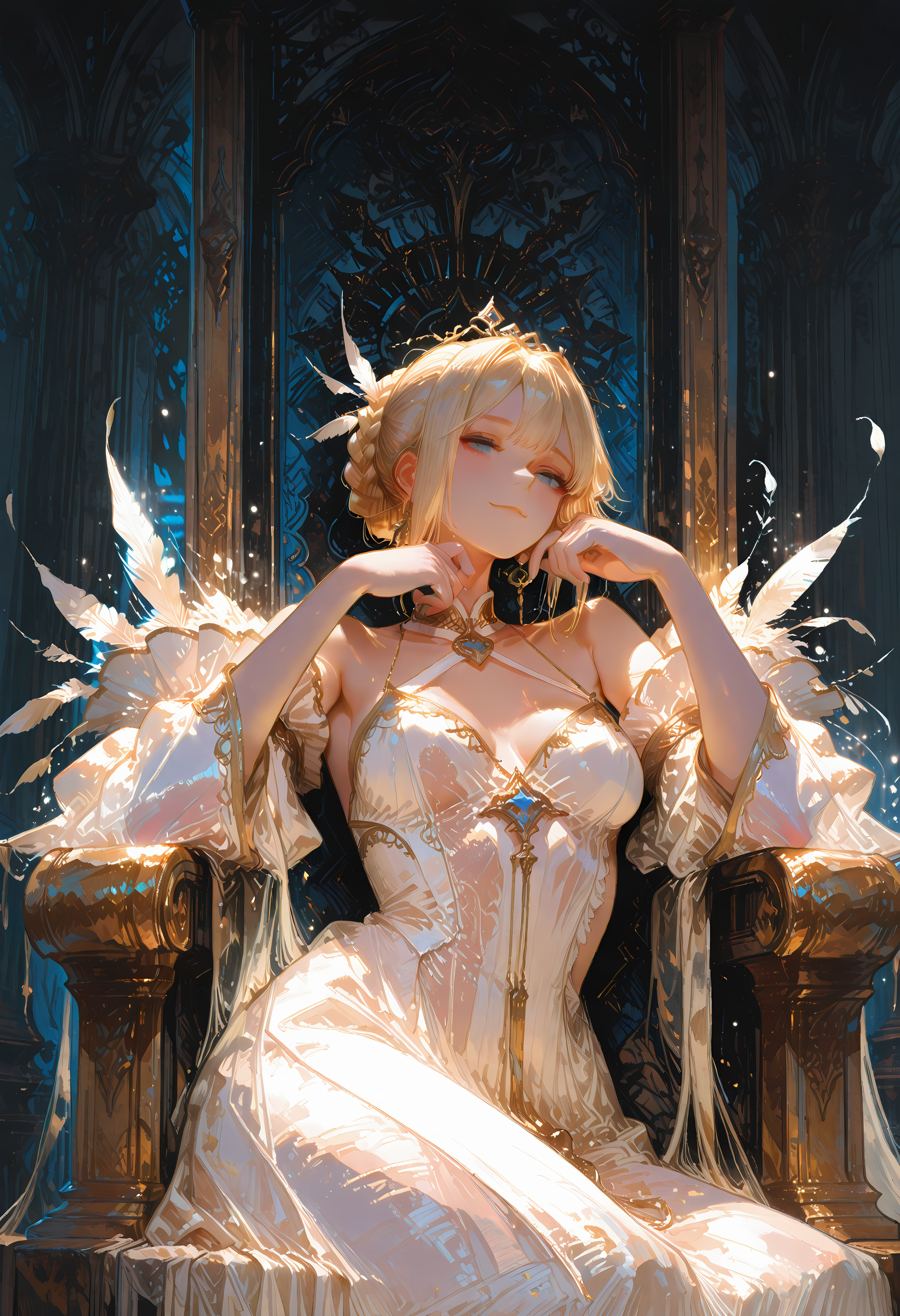 (masterpiece,best quality,very aesthetic,ultra_detailed,newest,highres,absurdres,detailed)
(High Resolution), (More Details), (8K), (sophisticated),
(super fine illustration),(beautiful and detailed eyes),very detailed light, (smooth lighting)
usnr,748cmstyle,mcnm,69yottea_style_illu,houtushouhuifengge,XUER guangying,MythAn1m3
newest, scenery, very awa, neon rim light, dark, 1girl, medium breasts, masterpiece, absurdres, newest, best quality, amazing quality, very aesthetic, matching eyes, 1girl, blonde hair, detailed eyes, blue eyes, perfect body, pretty, medium_breasts, princess, braided bun hair, White halter dress, white top, open shoulder, white sleeves, long white dress, white clothes, flowing dress, high slit, transparent clothing, Sitting, slight smile, legs apart, hand on chin, see through clothes, Nudity, explicit, Upper body, Throne room, gold and blue throne, shimmering feathers in the air, falling feathers in the air, filled with feathers, dynamic lighting, detailed background, detailed hands, detailed fingers, female model face, 748cmstyle, usnr, heavily textured, semi-realistic, watercolor on paper, muted colors,
