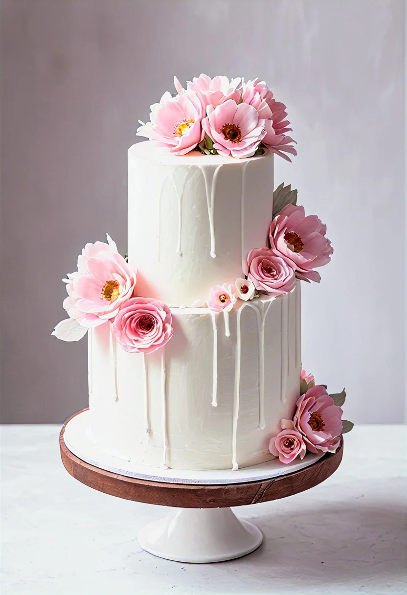 a white wedding cake with pink flowers on the side of the cake