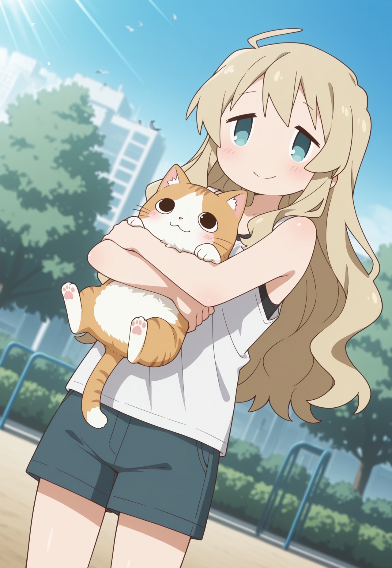 (1girl, very long hair, wavy hair, yuuri, shorts, tanktop,)

playful pose, standing, head tilted, smile, blush, holding cat out,

light reflecting on skin, shiny skin, sunlight,

park, city background, blue sky, birds, shrubs, trees, playground,

S4bit4mago_illu, anime style, blurred background, dutch angle,