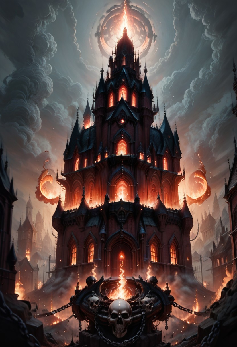 score_9, score_8_up, score_8,  
Khrn, no humans, giant skull, big castle, building with windows, chain, spikes, fantasy, fire, red glow, smog, white sky, floating castle
vibrant lighting, high contrast, dramatic shadows, highly detailed, detailed skin, depth of field,
