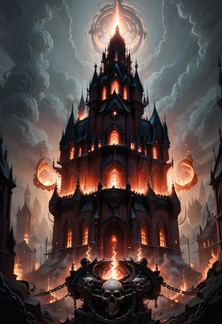 score_9, score_8_up, score_8,  
Khrn, no humans, giant skull, big castle, building with windows, chain, spikes, fantasy, fire, red glow, smog, white sky, floating castle
vibrant lighting, high contrast, dramatic shadows, highly detailed, detailed skin, depth of field,