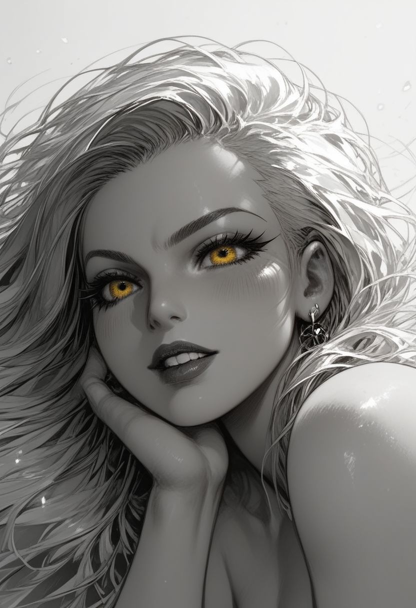 score_9, score_8_up, score_7_up, 1girl, face close-up, yellow eyes, thick lineart, sharp edges, cel shading, linear hatching, black and white comic-noir aesthetics, film noir atmosphere, high contrast, duotone,<lora:Mature_Comics_Style - Pony:1>