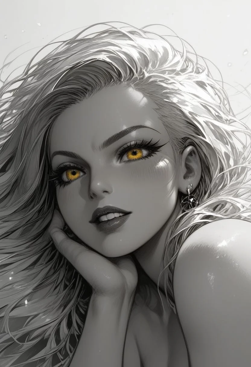 score_9, score_8_up, score_7_up, 1girl, face close-up, yellow eyes, thick lineart, sharp edges, cel shading, linear hatching, black and white comic-noir aesthetics, film noir atmosphere, high contrast, duotone,<lora:Mature_Comics_Style - Pony:1>