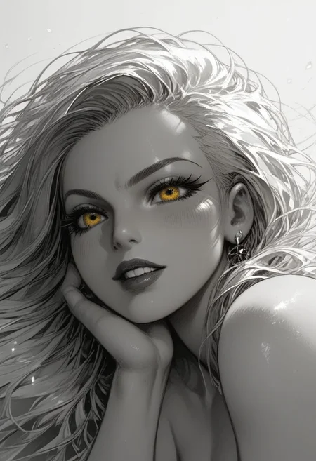score_9, score_8_up, score_7_up, 1girl, face close-up, yellow eyes, thick lineart, sharp edges, cel shading, linear hatching, black and white comic-noir aesthetics, film noir atmosphere, high contrast, duotone,<lora:Mature_Comics_Style - Pony:1>