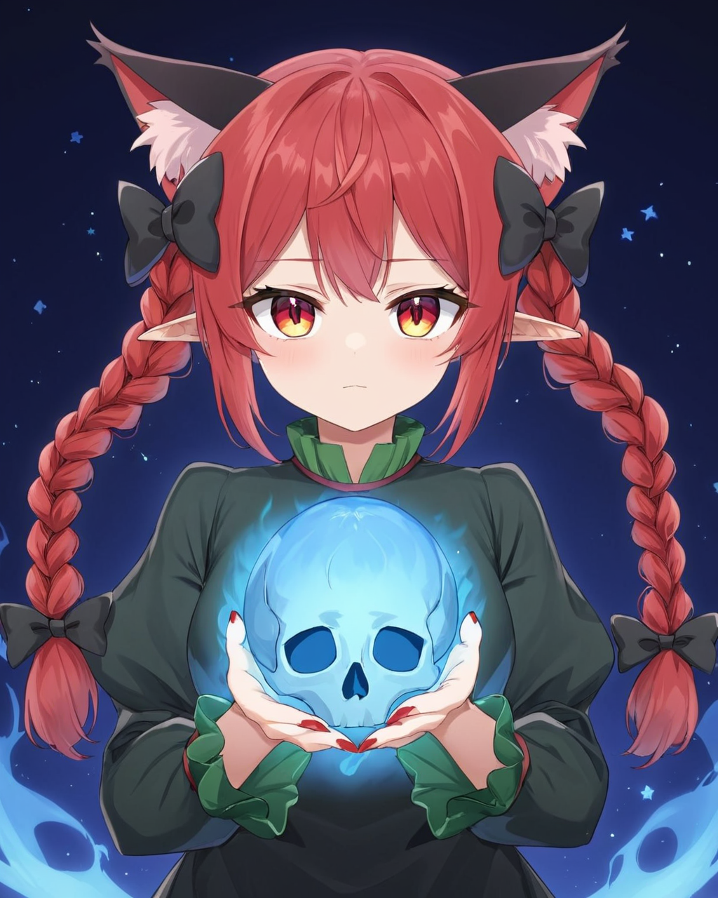 kaenbyou rin,1girl, holding_skull, solo, red_nails, twin_braids, green_dress, looking_at_viewer, long_fingernails, hair_bow, black_bow, sharp_fingernails, hitodama, nail_polish, o3o, upper_body, long_sleeves, animal_ear_fluff, gradient_background, dark_background, tress_ribbon, gradient, blue_fire, v
<lora:kaenbyou_rin_image6792_2023-12-20:1>,star-shaped_pupils,symbol-shaped_pupils,. gorgeous,key visual, vibrant, studio anime,award-winning, professional, highly detailed,high budget, cinemascope