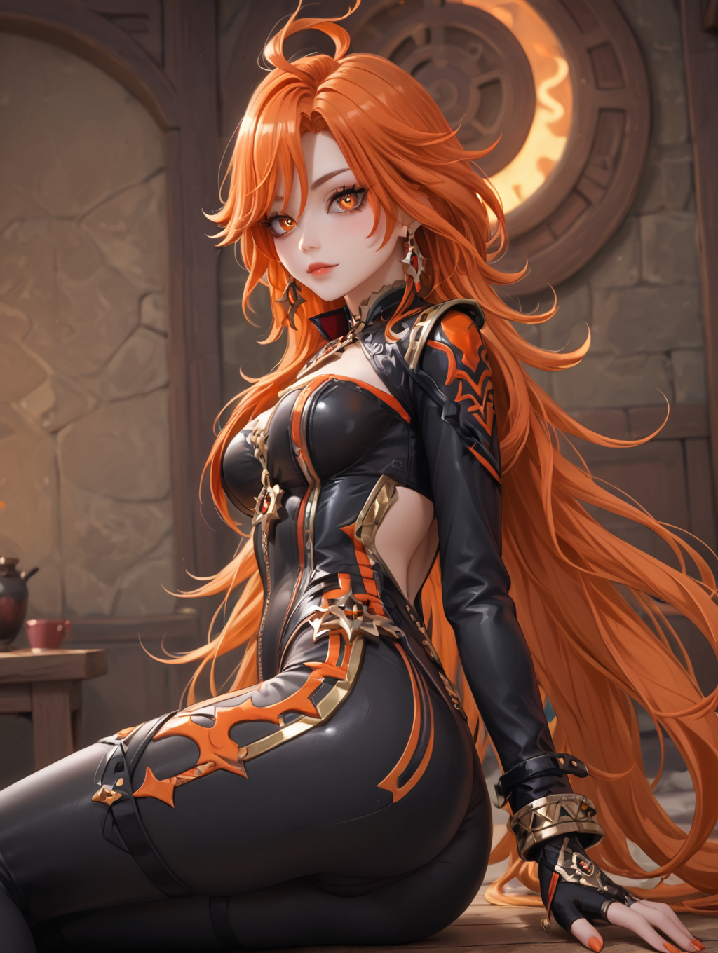 1girl, mavuika (genshin inpact), mavuika, (official mihoyo), (genshin inpact), orange burning hair, simbol eyes, tight leather outfit, <lora:MavuikaPony:0.6>
looking at viewer, arms on side,